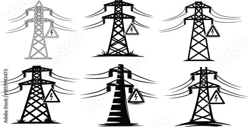 Transmission tower, power line, electrical hazard, silhouette vector, energy infrastructure, warning sign, high voltage, pylon design, technical illustration, grid