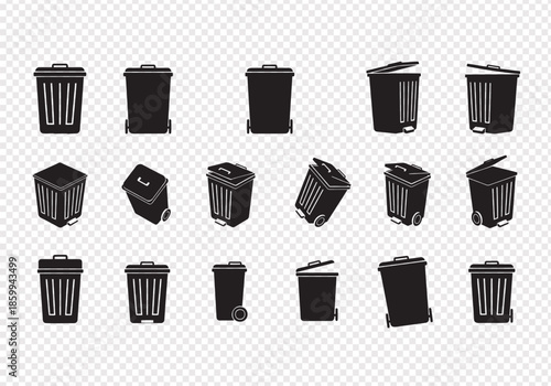 Collection of various garbage bins and trash cans in multiple styles