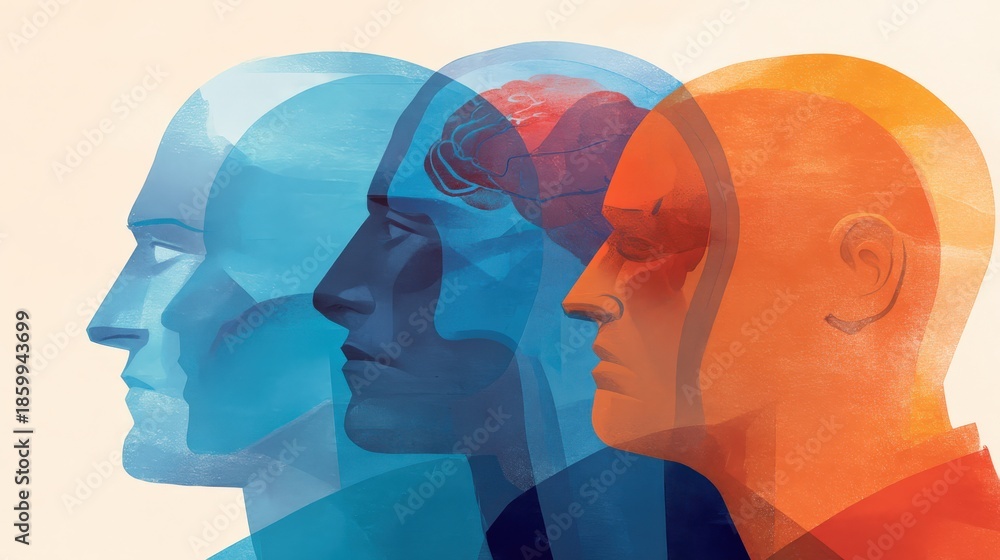 Obraz premium An abstract illustration depicting three profiles, showcasing varying colors and a brain silhouette, symbolizing cognitive processes and human emotion.