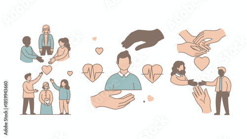 Diverse people showing care and support through gestures of kindness.