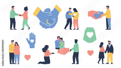 Diverse people showing kindness and support through various gestures.