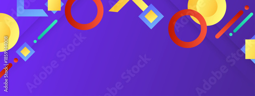 Geometric shapes with playful colors float atop a purple backdrop