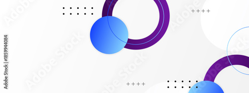 Background shows dots circles pluses and blue purple shapes