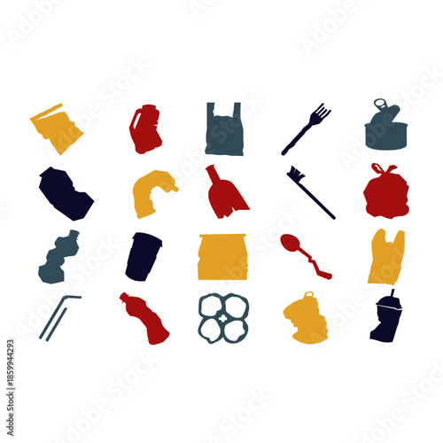 Diverse Set of Plastic Waste and Single-Use Items Silhouettes Representing Ocean Pollution, Landfill Issues, and the Global Recycling Crisis in a Modern Graphic Layout.