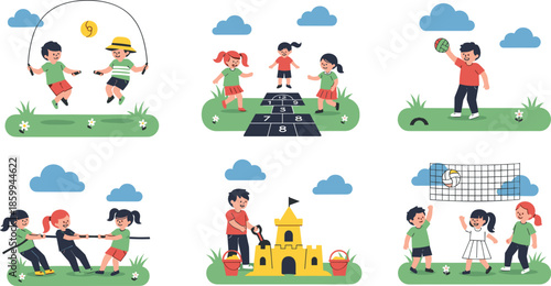 Set of active cartoon children playing outdoor games like jump rope, hopscotch, tug of war, and volleyball on green grass.