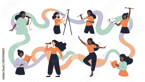 Diverse women showcasing various artistic talents and creative expressions.