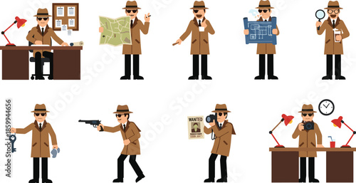 Flat vector set of cartoon detective characters in brown coats investigating cases, using magnifying glasses and cameras on white background.