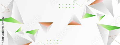 White backdrop with geometric triangles and green dots