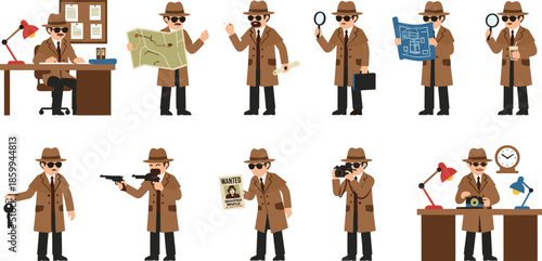 Set of cartoon private detective characters in brown coats investigating cases, holding magnifying glass, and weapons isolated on white background.