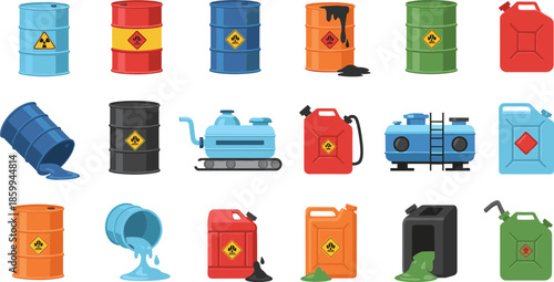 Set of colorful industrial oil barrels, fuel canisters, and chemical containers with toxic hazard signs isolated on a white background.
