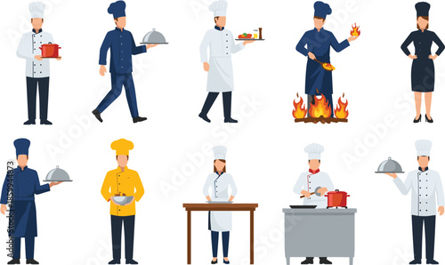 Set of professional cartoon chefs and cooks in uniform cooking food and serving silver platters isolated on a white background.