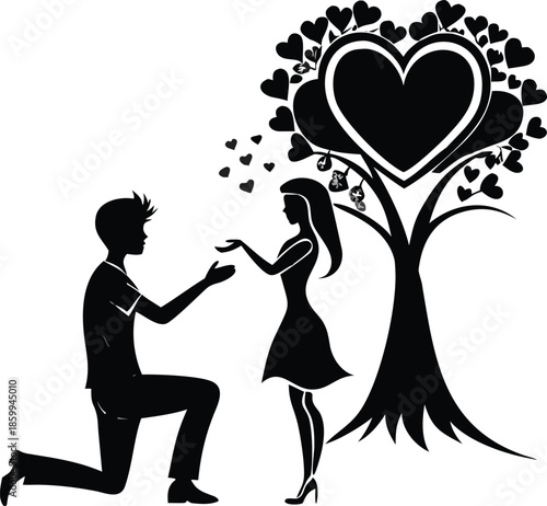 Minimalist Silhouette Of A Man Proposing On One Knee To A Woman Under A Heart Shaped Tree