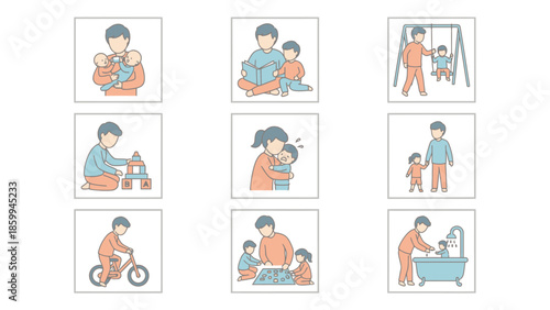 Family bonding and childhood activities illustrated in a collage.