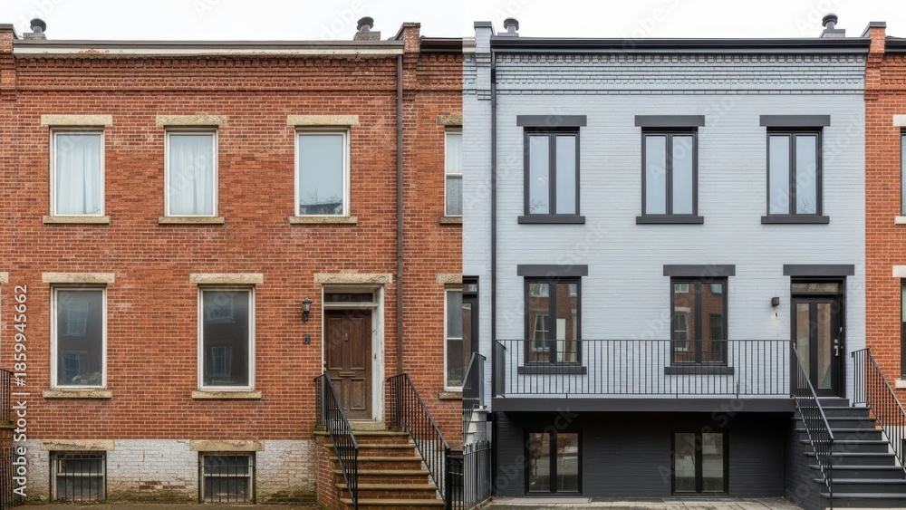 Obraz premium Contrasting Urban Residences: Traditional Brick Building and Modern Painted