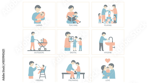 Family life illustrations showing various activities and relationships.