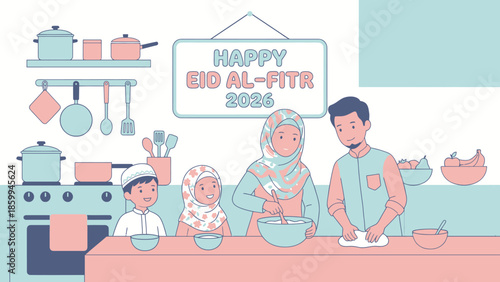 Family preparing food for Eid Al-Fitr celebration.