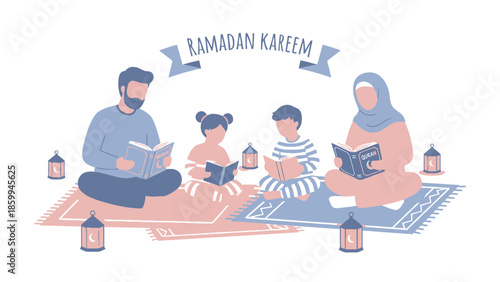 Family reading together during Ramadan Kareem celebration.