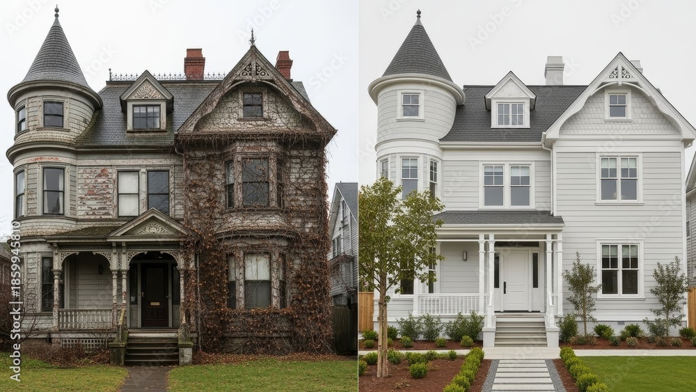Fototapeta premium Side-by-Side Comparison of Old and Modern Victorian Style Homes