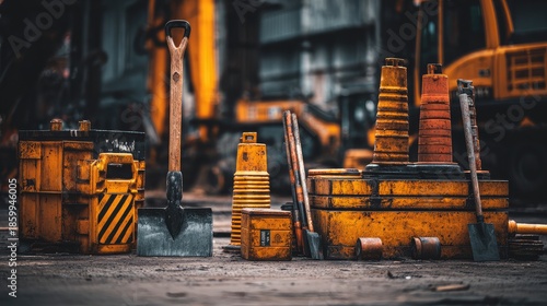 Construction Site Equipment and Tools in Focus with Yellow Warning Cones and Shovels on a Worksite