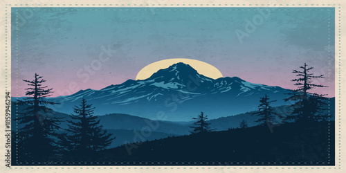 A breathtaking panorama of a winter mountain landscape at sunset with snow-covered peaks under a colorful sky and soft clouds during a serene evening
