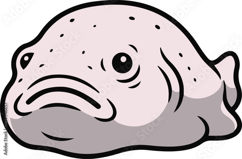 Vector illustration of a sad cartoon blobfish with a gelatinous pink body, large drooping nose, and frowning mouth, designed in a simple flat outline style.