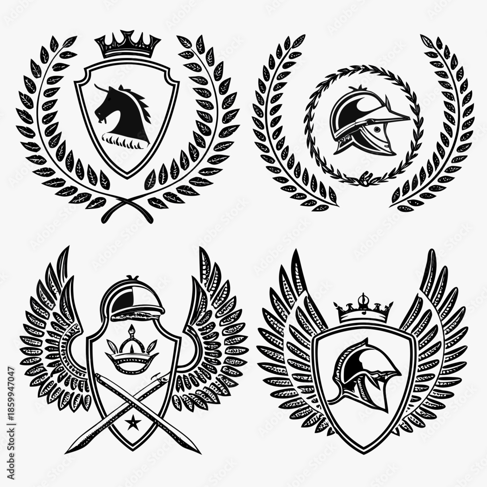 Obraz premium elegant laurel wreaths, shields, wings, and ribbon vector set.black-and-white vector pack of wreaths, shields, banners, and wings .Collection of six heraldic emblems with shields laurels helmet.