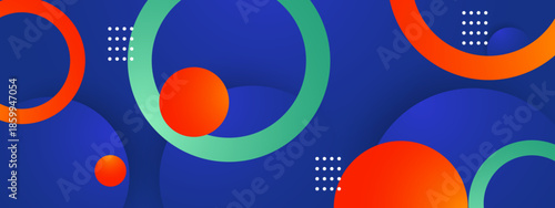 Blue backdrop with orange and green circles, white dot patterns. Suitable for background designs, posters, wallpapers, and digital art projects