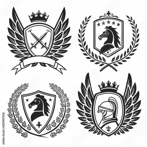 elegant laurel wreaths, shields, wings, and ribbon vector set.black-and-white vector pack of wreaths, shields, banners, and wings .Collection of six heraldic emblems with shields laurels helmet.