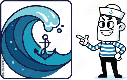 Sailor Pointing at a Wave and Anchor Emblem