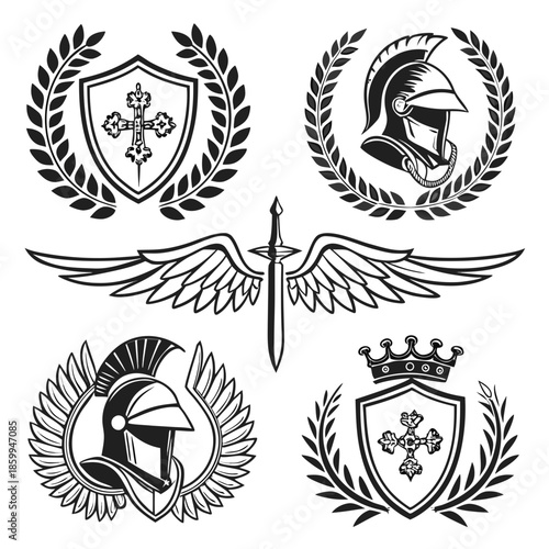elegant laurel wreaths, shields, wings, and ribbon vector set.black-and-white vector pack of wreaths, shields, banners, and wings .Collection of six heraldic emblems with shields laurels helmet.
