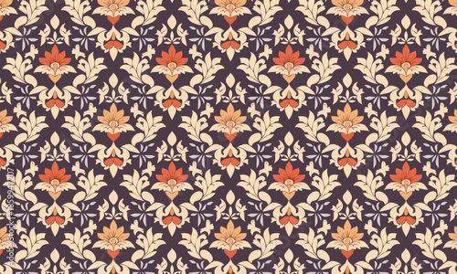 Seamless Dark Damask Pattern, Vintage Floral Scroll Background, Elegant Plum and Cream Vector Texture