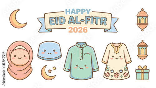 Happy Eid Al Fitr 2026 Cute Kawaii Islamic Elements Collection.
