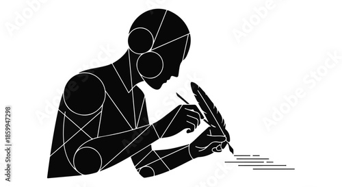 Silhouette of a person writing with a quill pen, symbolizing creativity and communication.