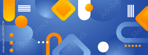 Abstract geometric background in blue with orange, white shapes suitable for modern design projects, web graphics, social media posts, print materials