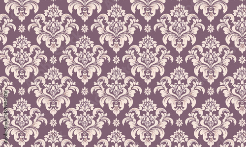 Seamless Mauve Damask Pattern, Elegant Vintage Floral Ornament Background,Soft Purple Baroque Vector Texture for Wedding