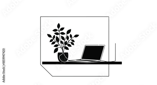 Modern minimalist workspace with open laptop and potted plant on a sleek shelf