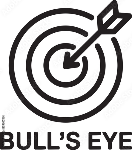 Bull's eye target icon with arrow hitting the center and bold text, minimalist black and white vector illustration for business goals, achievement, and success concepts.