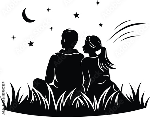 Silhouette Of A Couple Stargazing While Sitting On A Grassy Hill
