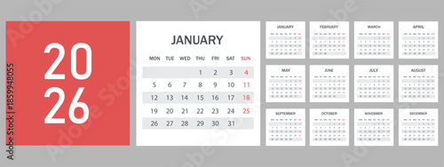 Cute calendar template for 2025 year with cozy illustrations of living room interior. Calendar grid with weeks starts on Monday for nursery or office. Horizontal monthly calender layout for planning