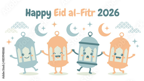 Happy Eid al-Fitr 2026 cartoon lanterns celebrating.