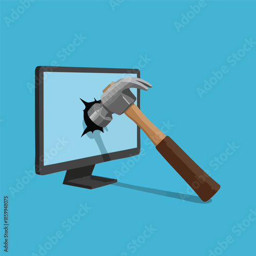 Frustrated User Smashing Computer Monitor with Hammer Technology Breakdown and Stress Relief Concept