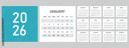 Spanish calendar and planner 2026 year, schedule month calender, organizer template. Week starts on Monday. Business personal page for Spain. Modern simple dairy. Vector illustration