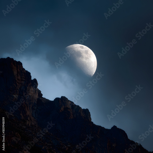 Mystical Moonlit Mountain Peak Shrouded in Ethereal Clouds