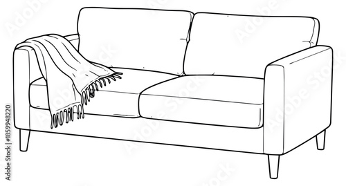 Hand drawn line art illustration of a two-seater sofa depicting a throw blanket draped over its arm for home interior design