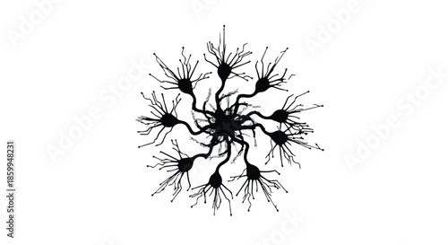 Intricate black neuron structure resembling a starburst on a clean white background