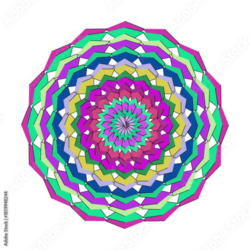 Abstract Geometric Mandala Design with Magenta and Cyan Rhombus Shapes and Black Outlines