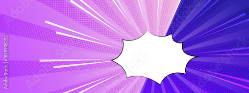 Comic book explosion bubble on purple burst background suitable for graphic design projects, comic book illustrations, superhero themed marketing materials, and website banners