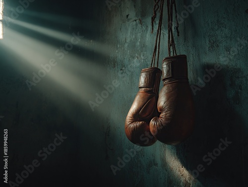 A pair of worn leather boxing gloves hang on a textured, dark wall, illuminated by a single ray of light, creating a dramatic and intense atmosphere.