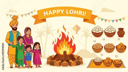 Family Celebrating Lohri Festival with Traditional Food and Fire