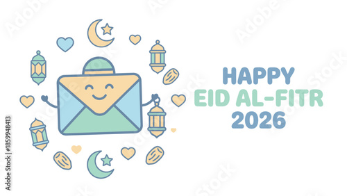 Happy Eid Al-Fitr 2026 Greeting Card with Cute Envelope Character.